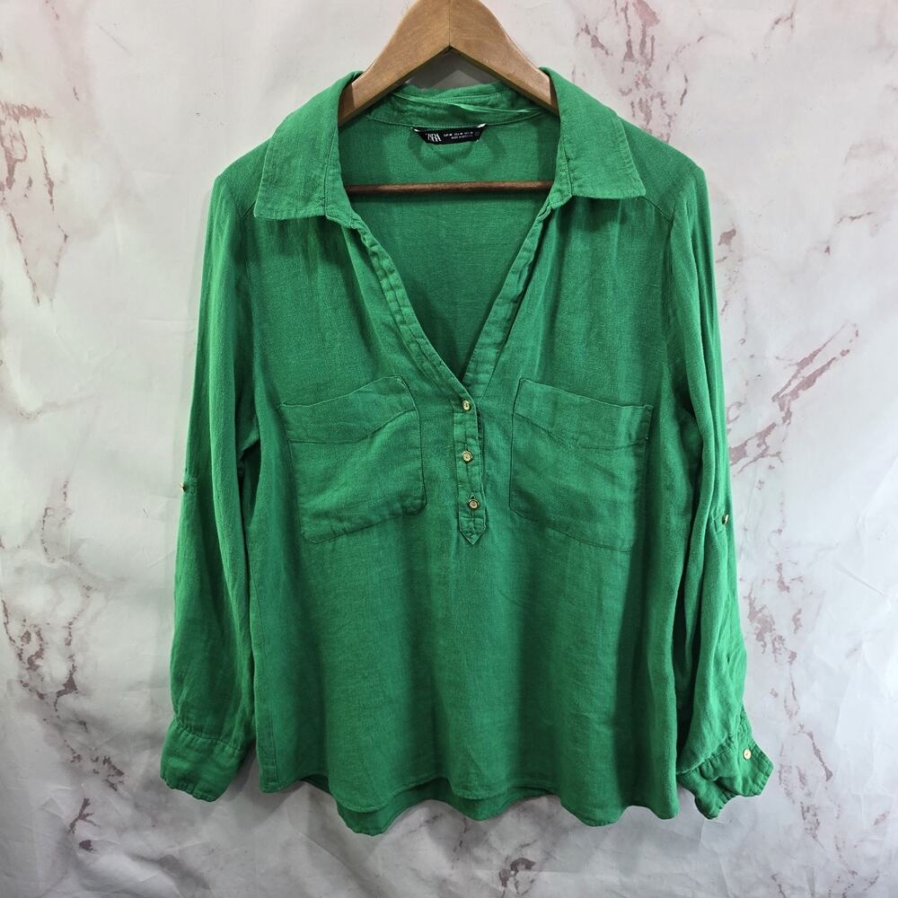 Zara Shirt Womens Medium Green Linen Roll Cuffed Button Up Kelly Popover